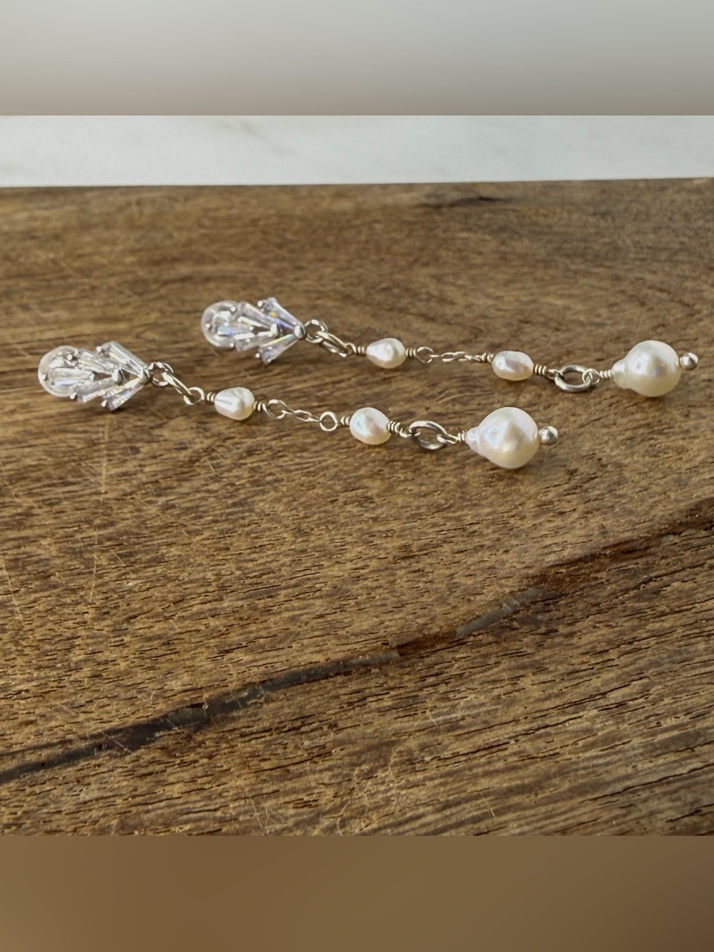 Long CZ White Freshwater Pearl Post Earrings